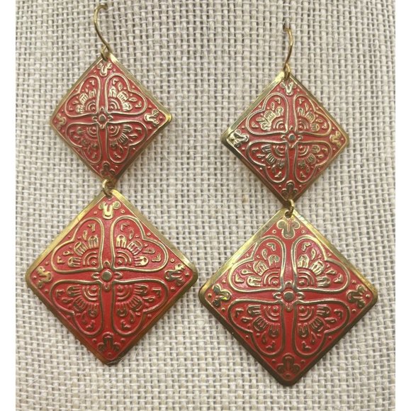 Allison Reed Floral Earrings Vintage Gold Tone Red Square Dangle Embossed - Picture 6 of 6